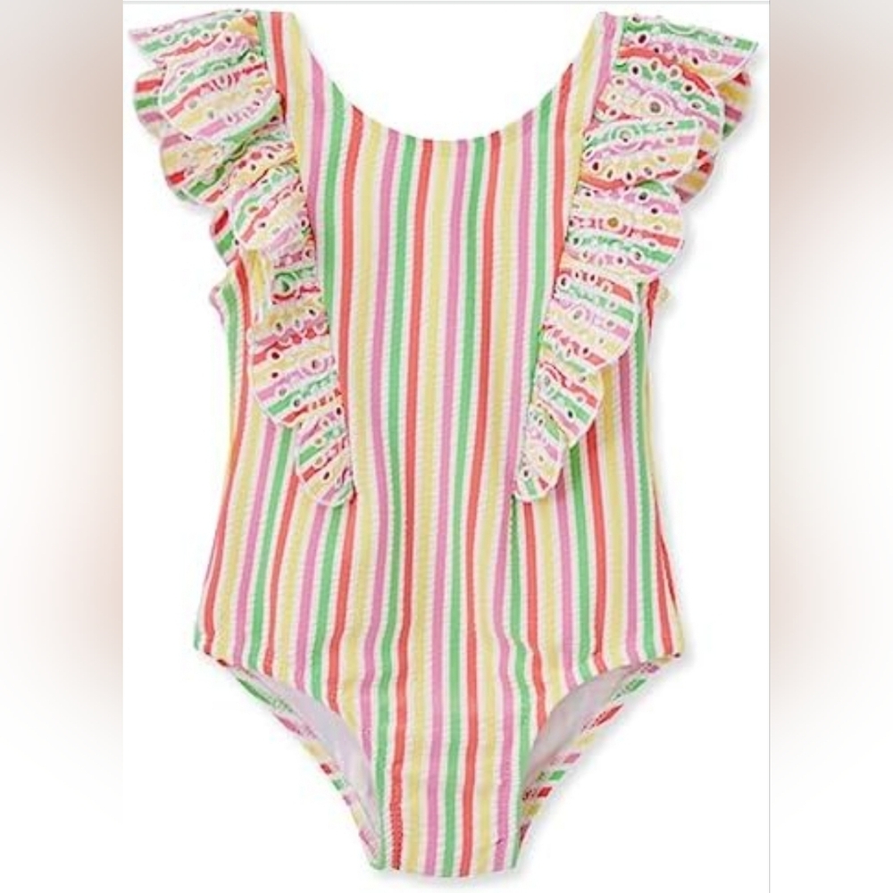 Little Me Swimsuit Pink Ice Cream Stripe Ruffle Bow One Piece UPF50 Sz 12mo NEW